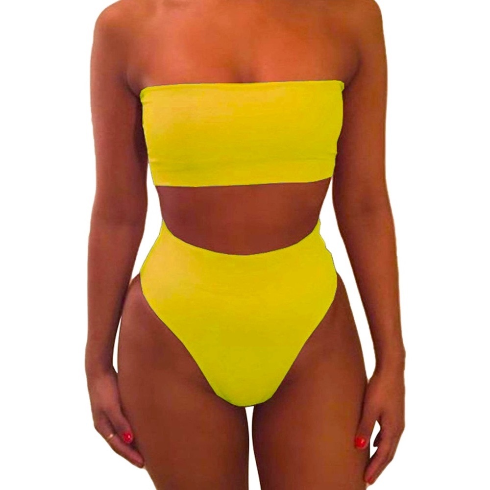 Women’s High Waisted Bikini Set Swimsuit Cheeky Yellow Removable Pads & Straps M
